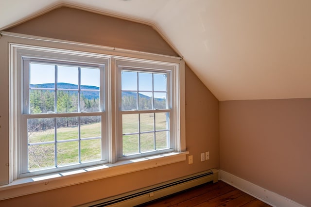 additional living space featuring baseboards, a baseboard heating unit, dark wood-type flooring, and vaulted ceiling