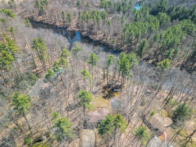 drone / aerial view featuring a water view and a view of trees