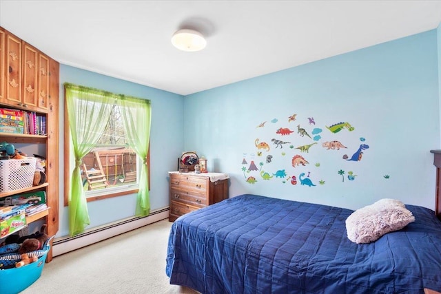 carpeted bedroom with a baseboard heating unit