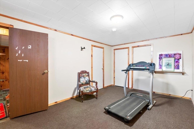 exercise room featuring baseboards and carpet floors
