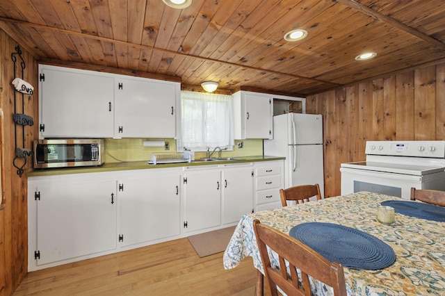 kitchen with wood ceiling, white cabinetry, a sink, light wood-style floors, and white appliances