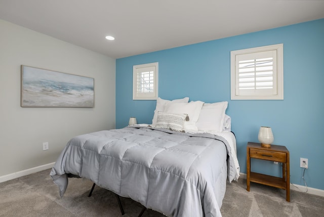 bedroom featuring baseboards, recessed lighting, and carpet floors
