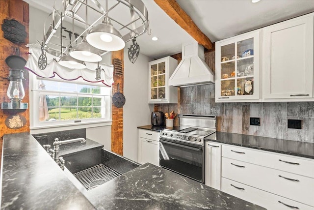 kitchen with beamed ceiling, electric stove, a sink, decorative backsplash, and custom exhaust hood