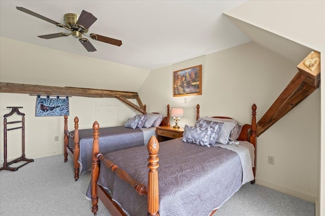 carpeted bedroom with baseboards, a ceiling fan, and vaulted ceiling