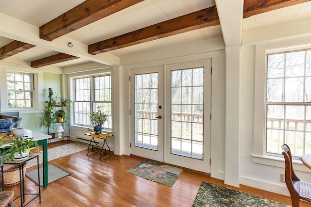 161 Upper Jaffrey Rd, Dublin, NH 03444 - entryway with french doors, beam ceiling, plenty of natural light, and wood finished floors