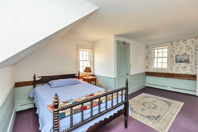 161 Upper Jaffrey Rd, Dublin, NH 03444 - bedroom with a baseboard heating unit, lofted ceiling, baseboards, and wood finished floors