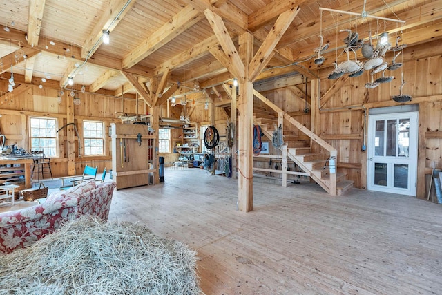 161 Upper Jaffrey Rd, Dublin, NH 03444 - interior space featuring hardwood / wood-style floors, wood walls, wooden ceiling, and stairway