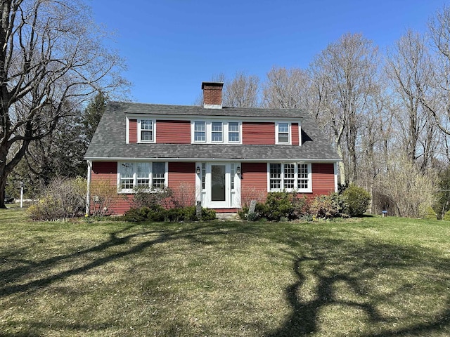 161 Upper Jaffrey Rd, Dublin, NH 03444 - view of front of house with a shingled roof, a front lawn, and a chimney