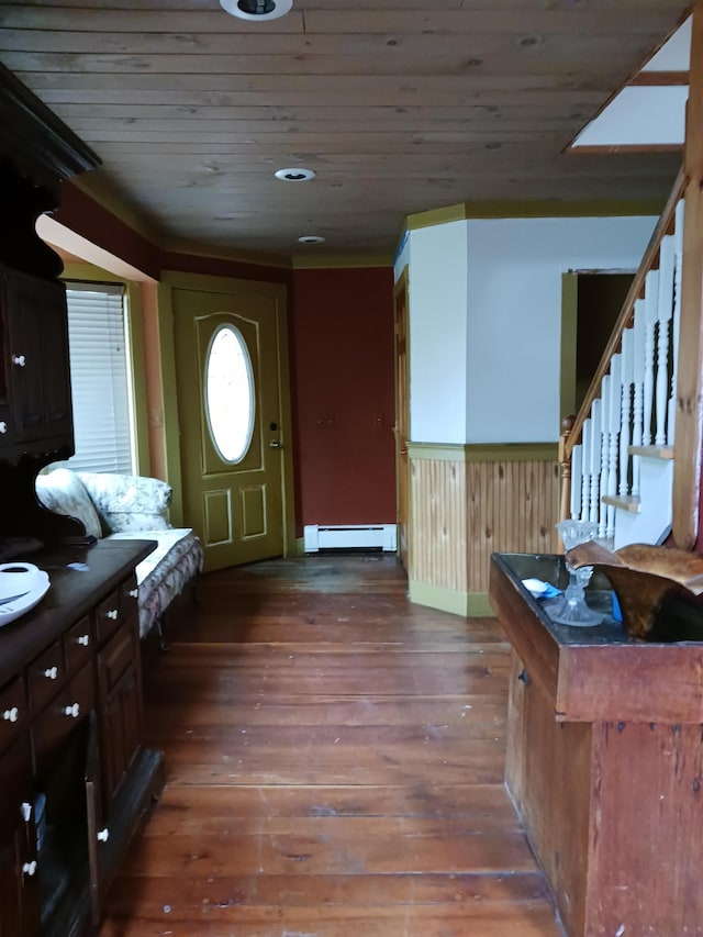 3730 Rte 100, Wardsboro, VT 05355 - entrance foyer featuring a baseboard radiator, stairs, and hardwood / wood-style floors
