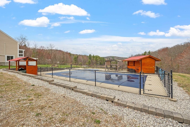view of pool with fence, an outbuilding, and a fenced in pool