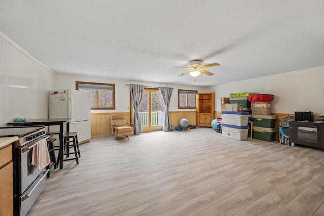 recreation room featuring ceiling fan and light wood-style floors