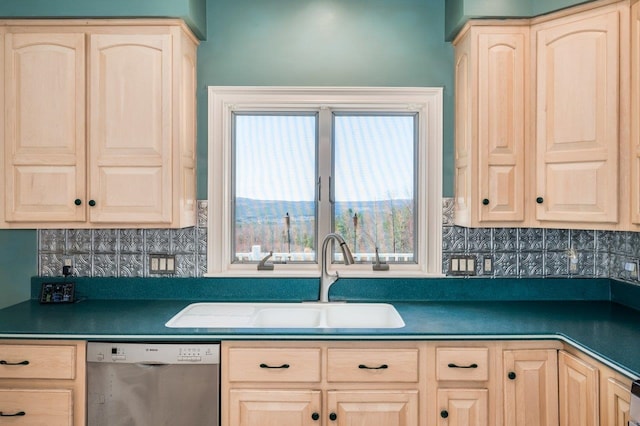 kitchen with a sink, decorative backsplash, light brown cabinets, stainless steel dishwasher, and dark countertops