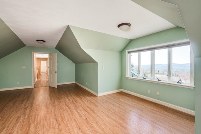 additional living space featuring baseboards, wood finished floors, and lofted ceiling