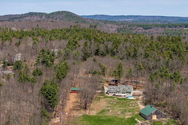 drone / aerial view with a mountain view and a view of trees