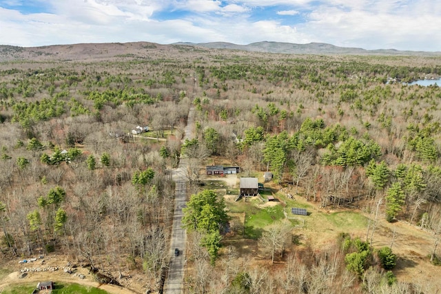 aerial view with a mountain view and a wooded view