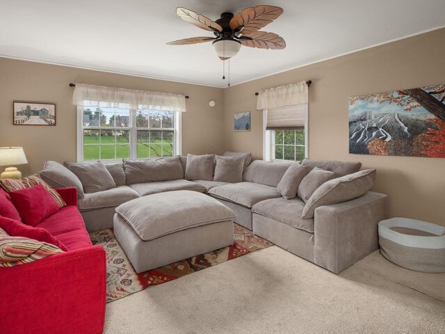 carpeted living room featuring a healthy amount of sunlight and ceiling fan