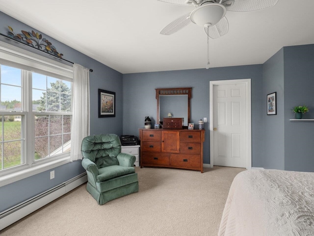 carpeted bedroom with baseboards, a ceiling fan, and a baseboard heating unit