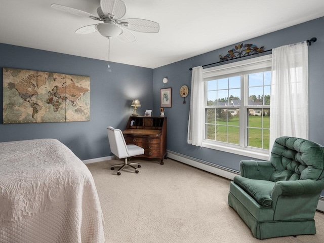 carpeted bedroom with baseboards, a baseboard radiator, and ceiling fan