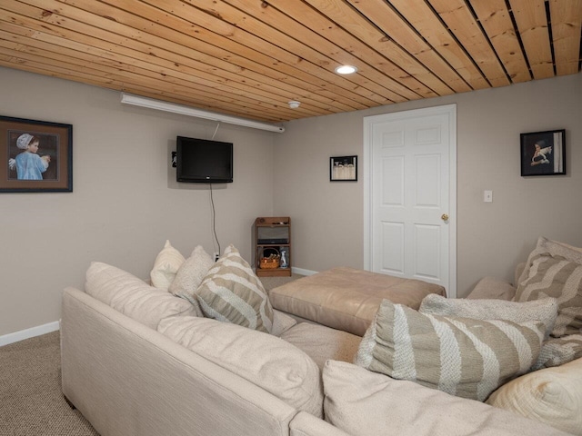 carpeted living room with recessed lighting, wood ceiling, and baseboards