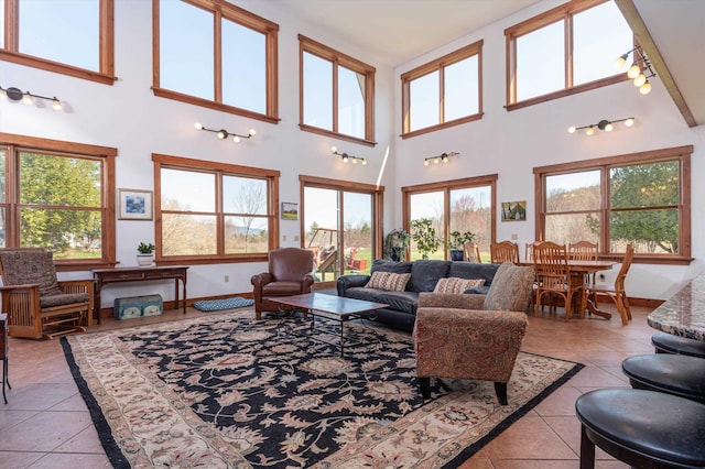 107-109 Baker Rd, Springfield, VT 05156 - living room featuring light tile patterned floors, a high ceiling, and baseboards