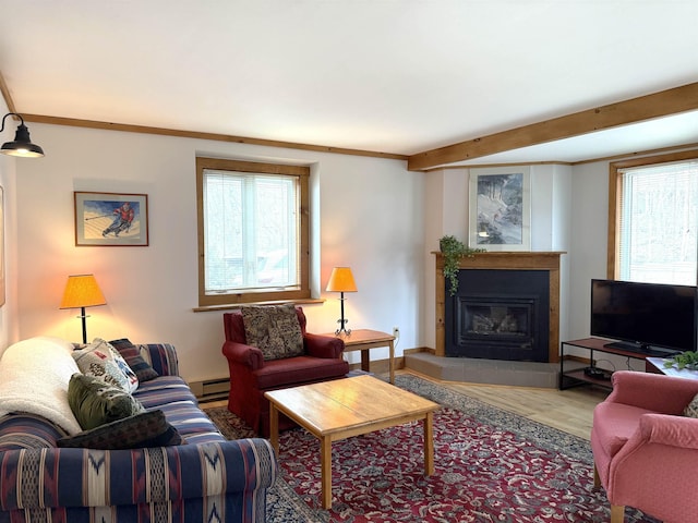 living room featuring a wealth of natural light, wood finished floors, a glass covered fireplace, and a baseboard heating unit