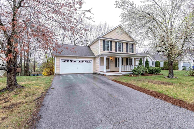 traditional home with aphalt driveway, a shingled roof, a porch, a front lawn, and a garage