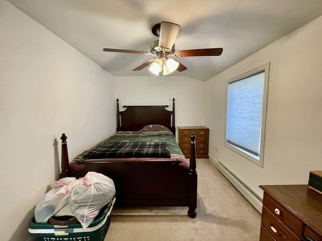 bedroom featuring a baseboard radiator, a ceiling fan, and light colored carpet