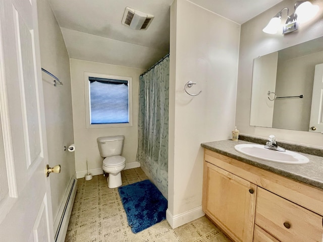 full bathroom with visible vents, vanity, toilet, baseboards, and baseboard heating
