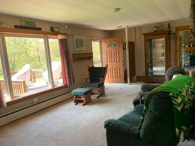 living room with carpet and a baseboard radiator
