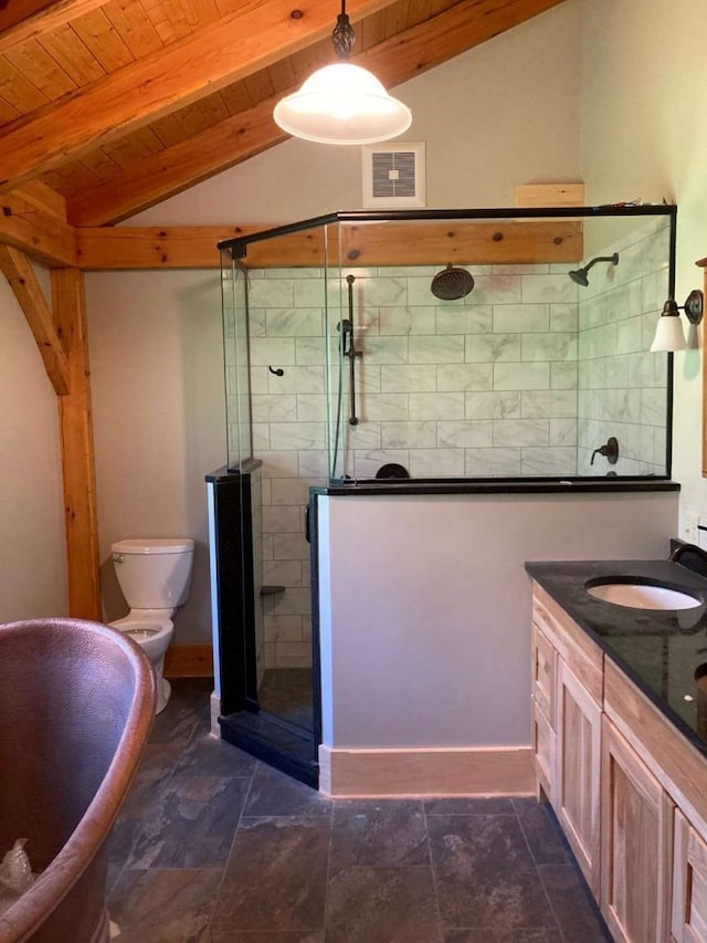 bathroom featuring vaulted ceiling with beams, toilet, a stall shower, visible vents, and wood ceiling