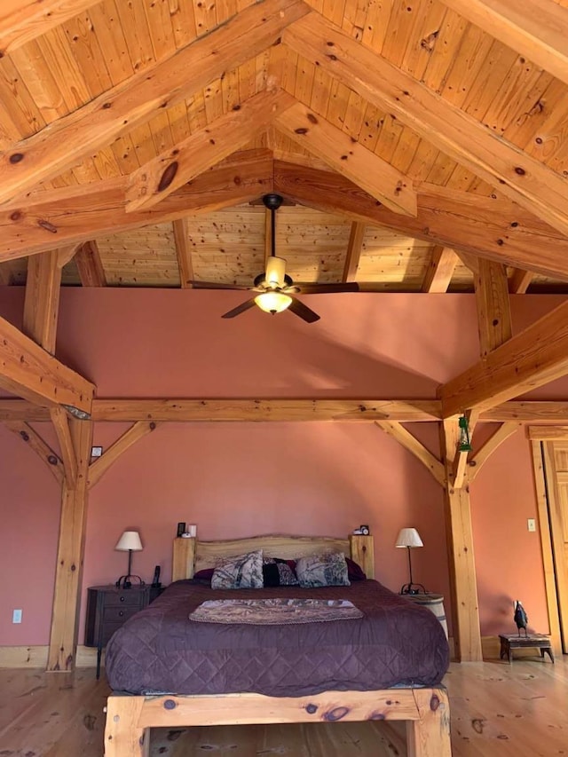 bedroom with wooden ceiling, vaulted ceiling with beams, and wood finished floors