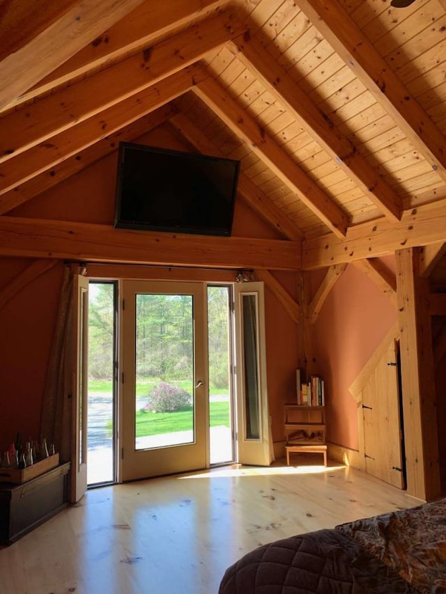 bedroom with wood ceiling, vaulted ceiling with beams, and access to outside