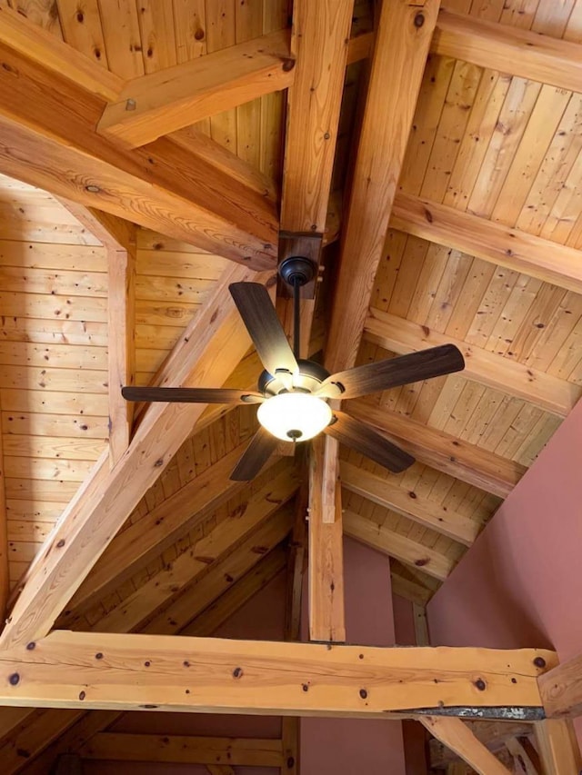 room details with wood ceiling, beam ceiling, and a ceiling fan