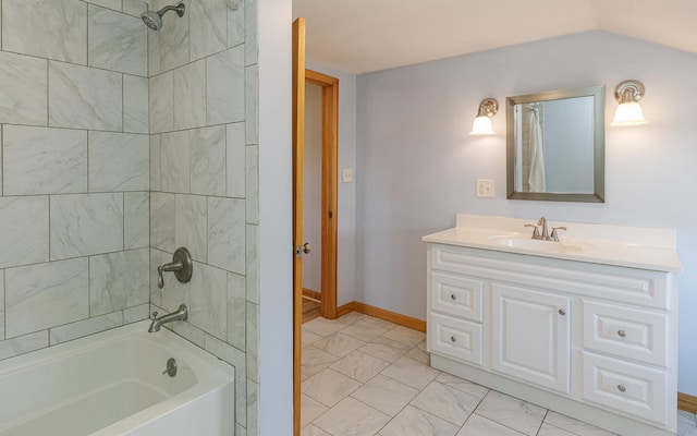 152 E St, Charlestown, NH 03603 - bathroom featuring baseboards, tub / shower combination, marble finish floor, and vanity