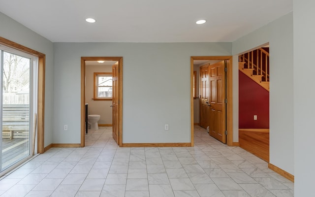 152 E St, Charlestown, NH 03603 - unfurnished room featuring baseboards, recessed lighting, and stairway