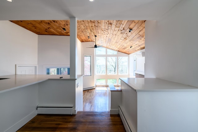 interior space featuring a ceiling fan, wood ceiling, dark wood-style flooring, and a baseboard radiator