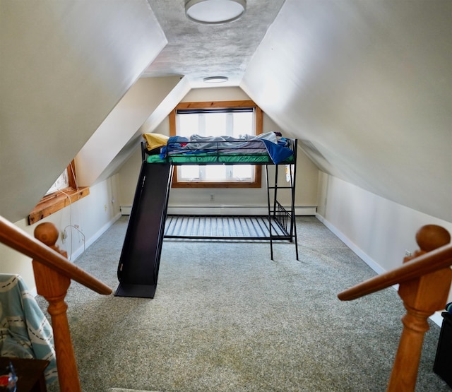 bedroom with baseboards, carpet, and vaulted ceiling