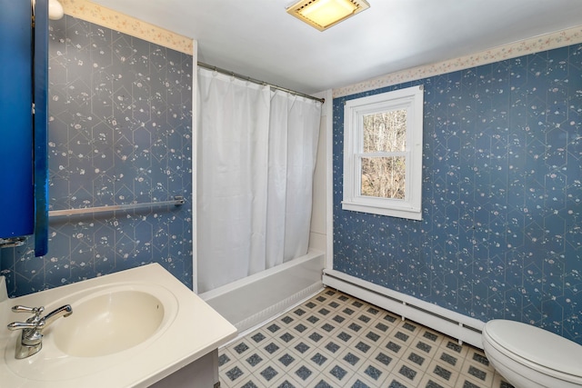 134 Peverly Rd, Northfield, NH 03276 - bathroom with vanity, shower / bath combination with curtain, toilet, baseboard heating, and tile patterned floors