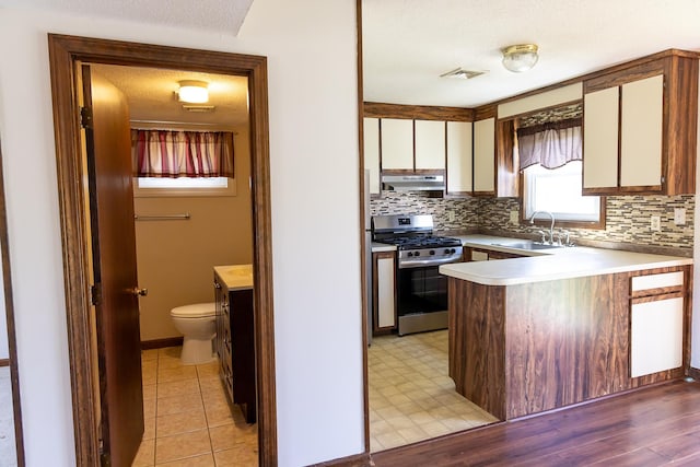 kitchen featuring decorative backsplash, a peninsula, gas range, under cabinet range hood, and a sink