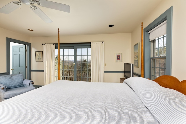 bedroom featuring recessed lighting, ceiling fan, and multiple windows