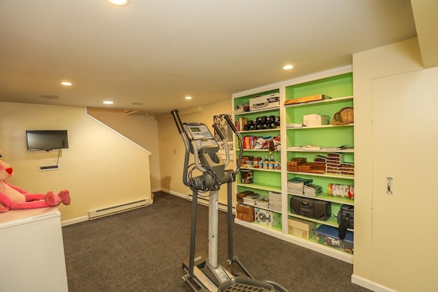 exercise room featuring recessed lighting, a baseboard radiator, baseboards, and dark colored carpet