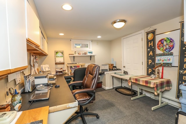 office space featuring carpet flooring, recessed lighting, and baseboard heating