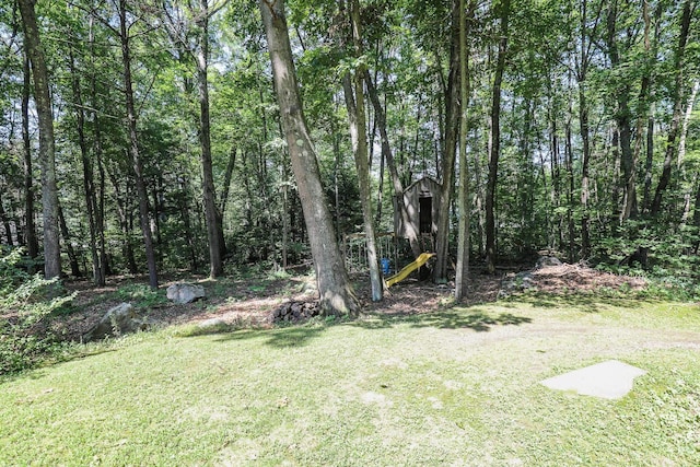 view of yard featuring a playground and a forest view