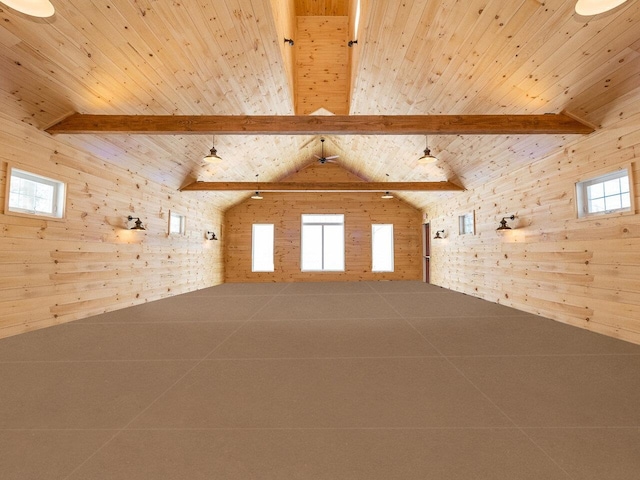 bonus room with wooden walls, wooden ceiling, and vaulted ceiling with beams
