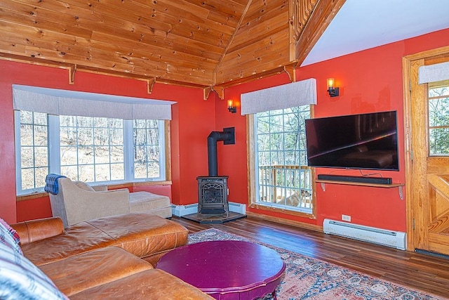 living area with a wood stove, lofted ceiling, hardwood / wood-style floors, wooden ceiling, and a baseboard radiator