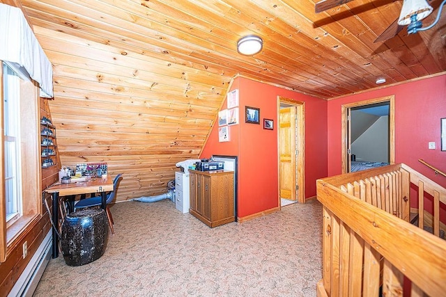 interior space featuring wood ceiling, baseboard heating, and light colored carpet