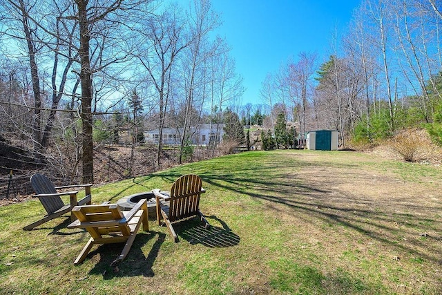view of yard featuring a fire pit, a shed, and an outbuilding