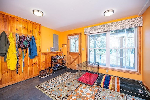 foyer entrance with wood finished floors, electric panel, a wainscoted wall, and a healthy amount of sunlight
