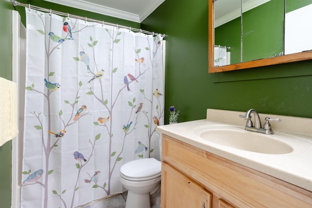 bathroom featuring vanity, ornamental molding, a shower with shower curtain, and toilet