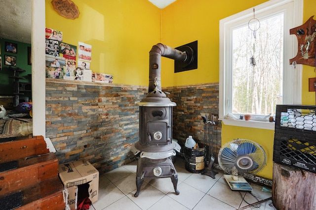 interior details featuring a wood stove